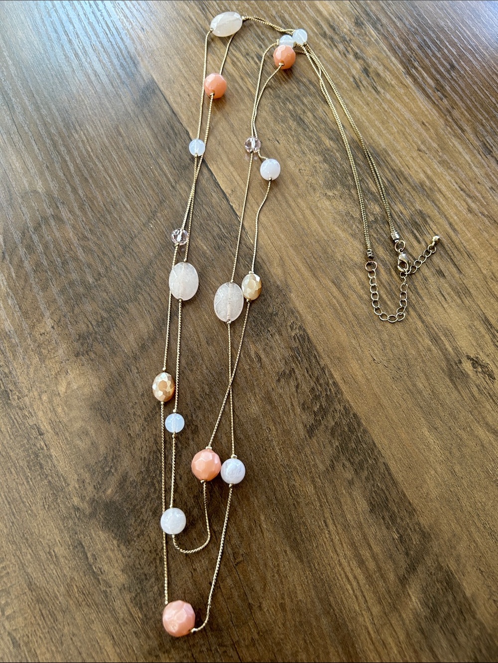 Gold Chain Multi-Bead Necklace with Coral and White Accents 20”